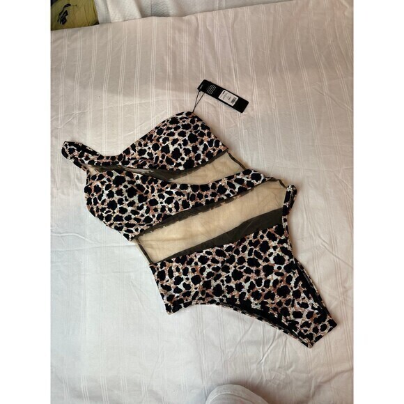 Leopard  Cutout Mesh Cutout Asymmetrical One Piece Swimsuit Bikini Size S RefN05 - Picture 4 of 6